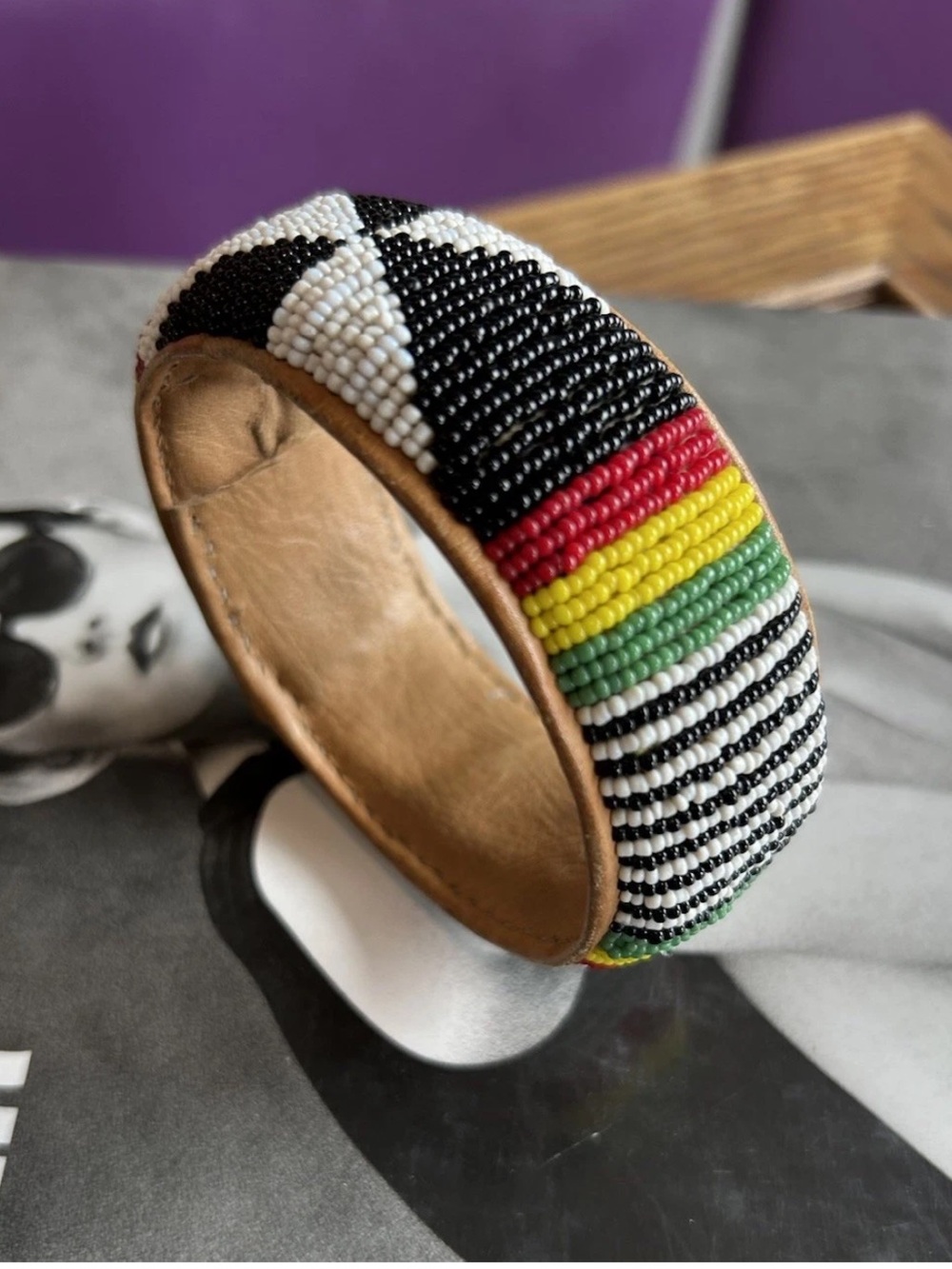 Vintage African Beaded Leather Bangle Bracelet Handmade Tribal Boho Cuff